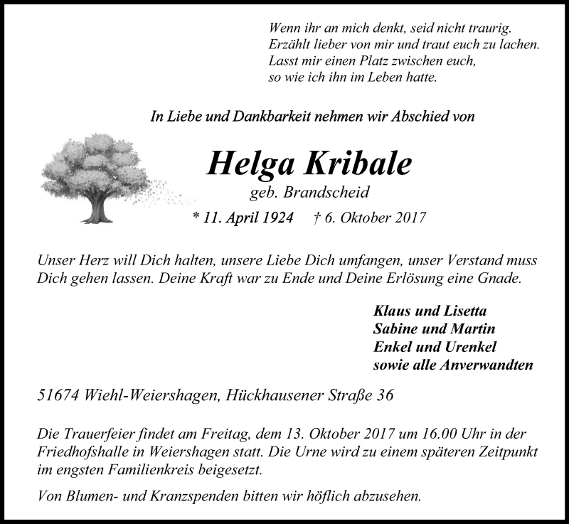  Traueranzeige für Helga Kribale vom 10.10.2017 aus Kölner Stadt-Anzeiger / Kölnische Rundschau / Express