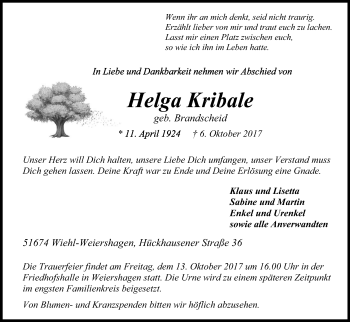 Anzeige von Helga Kribale von Kölner Stadt-Anzeiger / Kölnische Rundschau / Express
