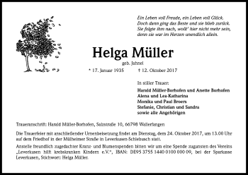 Anzeige von Helga Müller von Kölner Stadt-Anzeiger / Kölnische Rundschau / Express