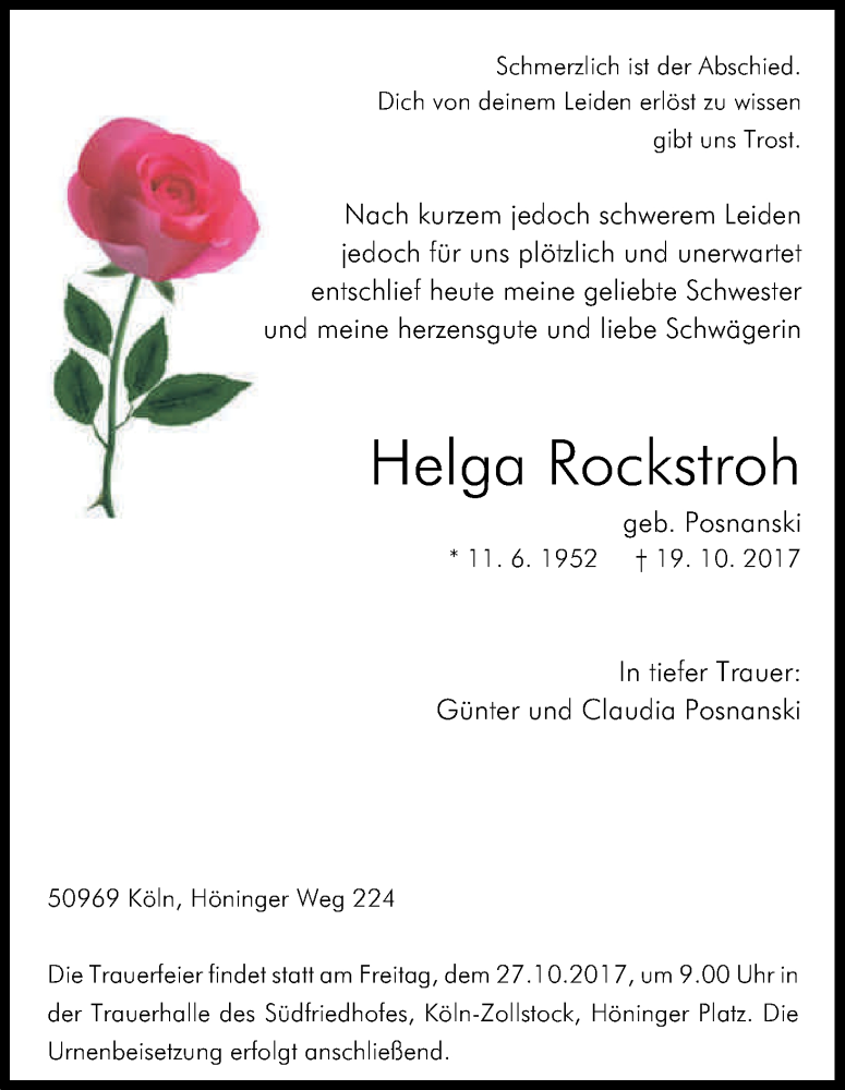  Traueranzeige für Helga Rockstroh vom 21.10.2017 aus Kölner Stadt-Anzeiger / Kölnische Rundschau / Express