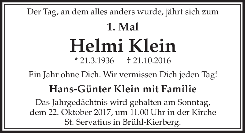  Traueranzeige für Helmi Klein vom 18.10.2017 aus  Schlossbote/Werbekurier 