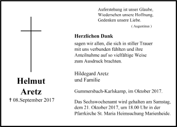 Anzeige von Helmut Aretz von  Anzeigen Echo 