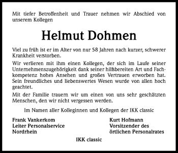 Anzeige von Helmut Dohmen von Kölner Stadt-Anzeiger / Kölnische Rundschau / Express