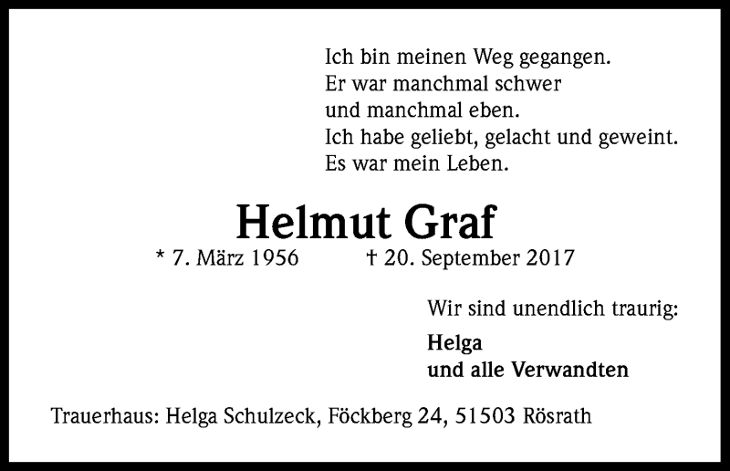 Traueranzeige für Helmut Graf vom 06.10.2017 aus Kölner Stadt-Anzeiger / Kölnische Rundschau / Express