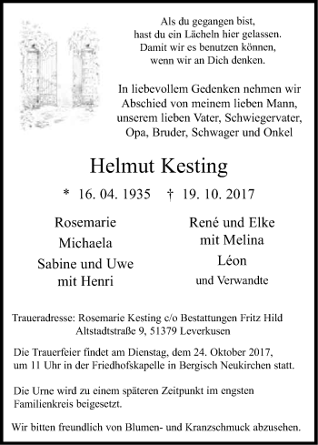 Anzeige von Helmut Kesting von Kölner Stadt-Anzeiger / Kölnische Rundschau / Express
