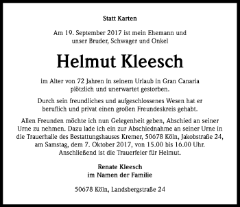 Anzeige von Helmut Kleesch von Kölner Stadt-Anzeiger / Kölnische Rundschau / Express