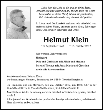 Anzeige von Helmut Klein von Kölner Stadt-Anzeiger / Kölnische Rundschau / Express