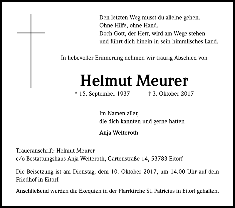  Traueranzeige für Helmut Meurer vom 07.10.2017 aus Kölner Stadt-Anzeiger / Kölnische Rundschau / Express