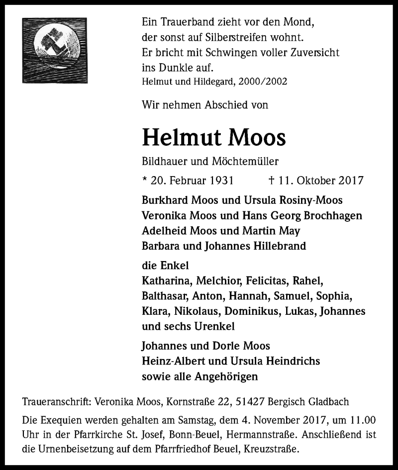  Traueranzeige für Helmut Moos vom 21.10.2017 aus Kölner Stadt-Anzeiger / Kölnische Rundschau / Express