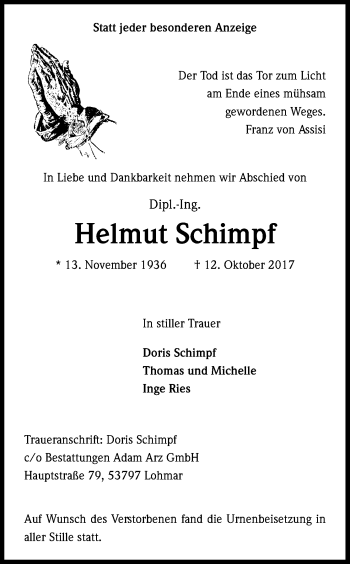 Anzeige von Helmut Schimpf von Kölner Stadt-Anzeiger / Kölnische Rundschau / Express