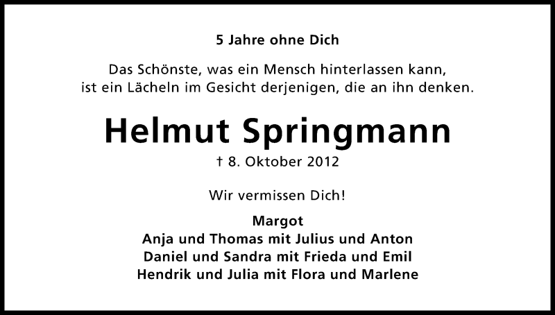  Traueranzeige für Helmut Springmann vom 07.10.2017 aus Kölner Stadt-Anzeiger / Kölnische Rundschau / Express