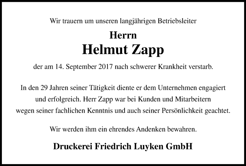  Traueranzeige für Helmut Zapp vom 21.10.2017 aus Kölner Stadt-Anzeiger / Kölnische Rundschau / Express