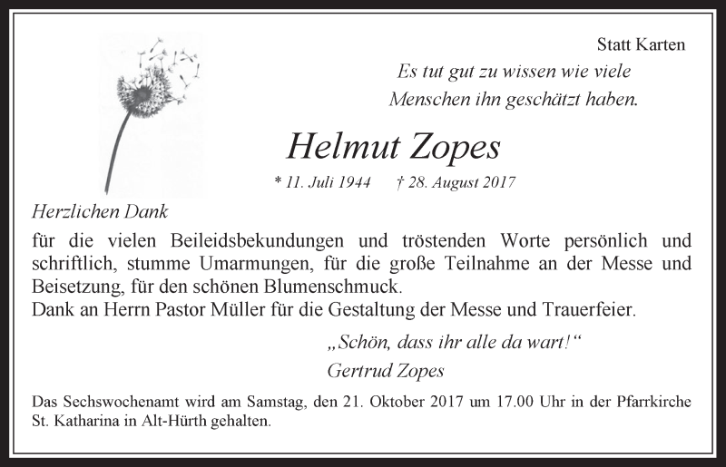  Traueranzeige für Helmut Zopes vom 18.10.2017 aus  Wochenende 