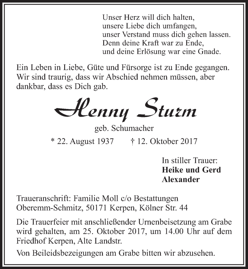  Traueranzeige für Henny Sturm vom 21.10.2017 aus  Sonntags-Post 