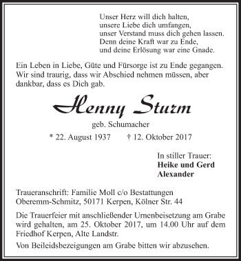 Anzeige von Henny Sturm von  Sonntags-Post 