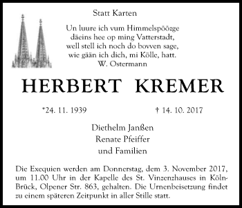 Anzeige von Herbert Kremer von Kölner Stadt-Anzeiger / Kölnische Rundschau / Express