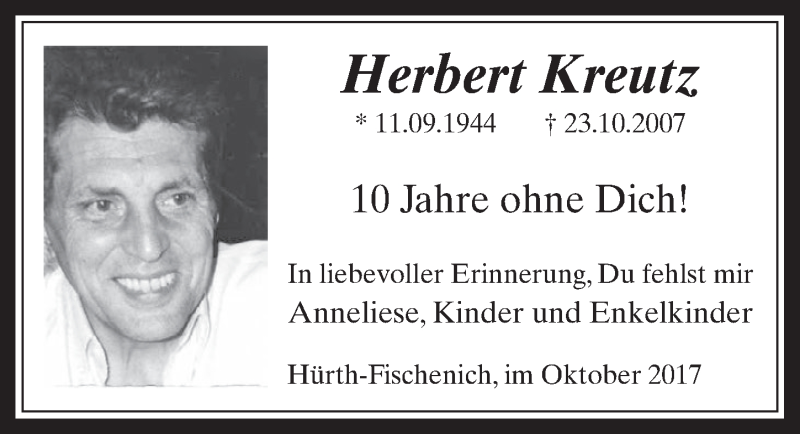  Traueranzeige für Herbert Kreutz vom 25.10.2017 aus  Wochenende 