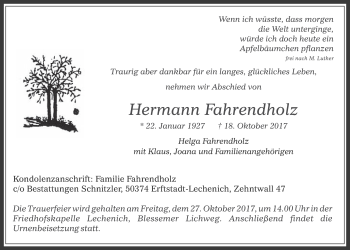 Anzeige von Hermann Fahrendholz von  Werbepost 