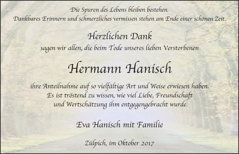  Traueranzeige für Hermann Hanisch vom 14.10.2017 aus  Blickpunkt Euskirchen 