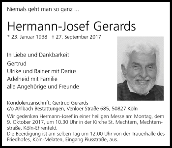 Anzeige von Hermann-Josef Gerards von Kölner Stadt-Anzeiger / Kölnische Rundschau / Express