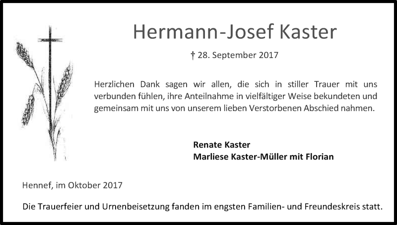  Traueranzeige für Hermann-Josef Kaster vom 14.10.2017 aus Kölner Stadt-Anzeiger / Kölnische Rundschau / Express