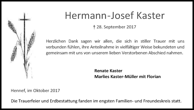  Traueranzeige für Hermann-Josef Kaster vom 21.10.2017 aus Kölner Stadt-Anzeiger / Kölnische Rundschau / Express