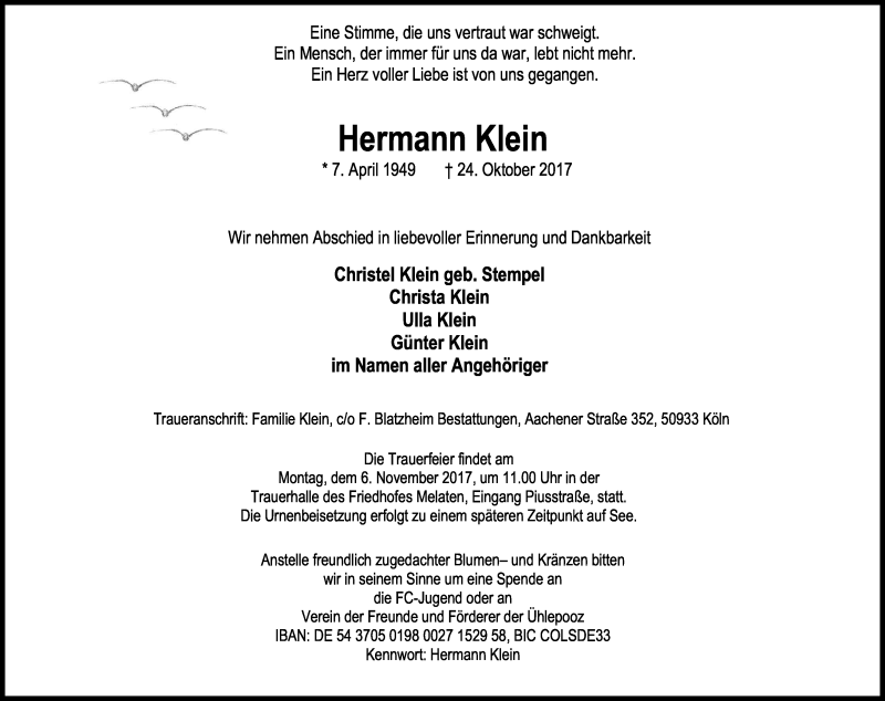  Traueranzeige für Hermann Klein vom 28.10.2017 aus Kölner Stadt-Anzeiger / Kölnische Rundschau / Express