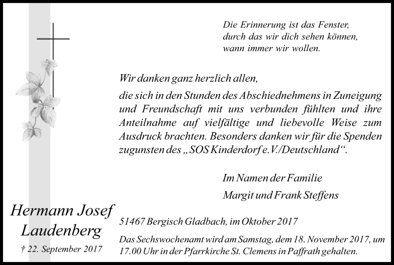  Traueranzeige für Hermann Josef Laudenberg vom 28.10.2017 aus Kölner Stadt-Anzeiger / Kölnische Rundschau / Express