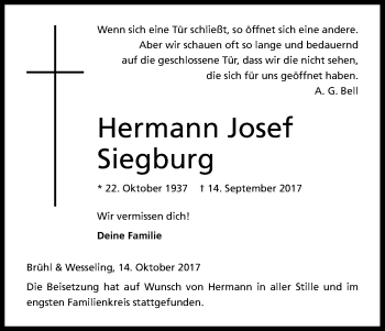 Anzeige von Hermann Josef  Siegburg  von Kölner Stadt-Anzeiger / Kölnische Rundschau / Express