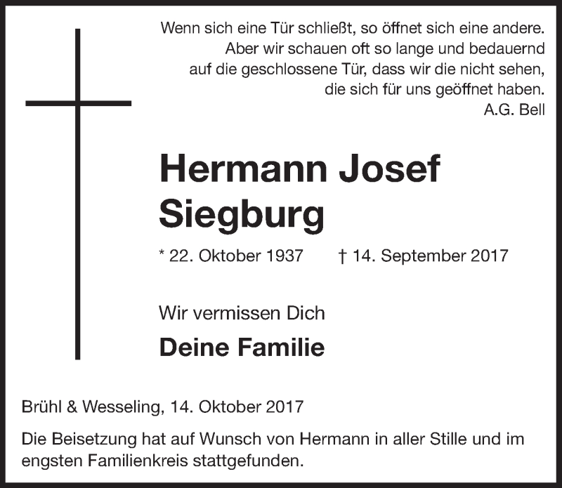  Traueranzeige für Hermann Josef  Siegburg  vom 18.10.2017 aus  Schlossbote/Werbekurier 
