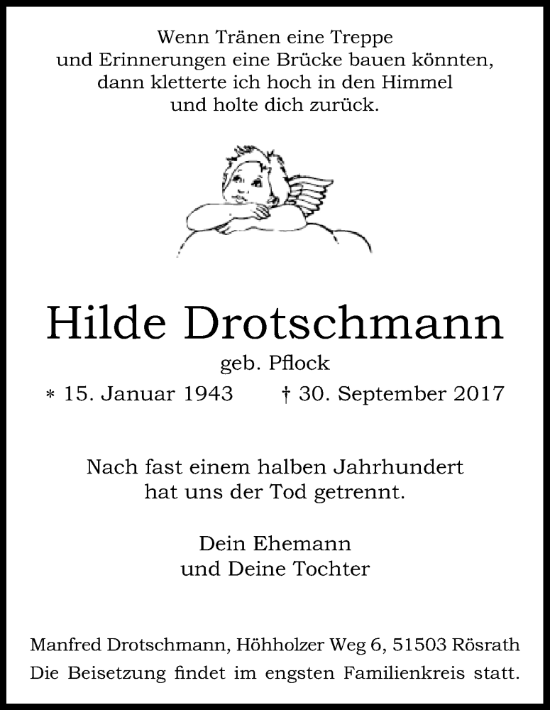  Traueranzeige für Hilde Drotschmann vom 14.10.2017 aus Kölner Stadt-Anzeiger / Kölnische Rundschau / Express