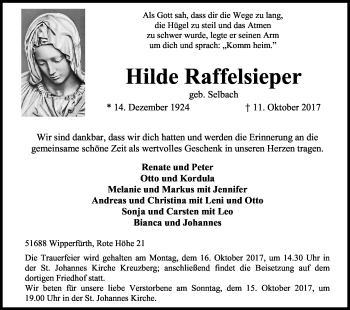 Anzeige von Hilde Raffelsieper von Kölner Stadt-Anzeiger / Kölnische Rundschau / Express