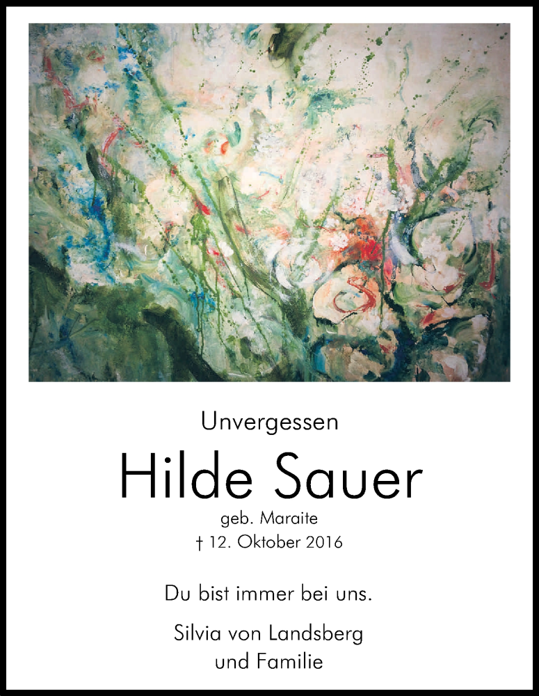  Traueranzeige für Hilde Sauer vom 14.10.2017 aus Kölner Stadt-Anzeiger / Kölnische Rundschau / Express