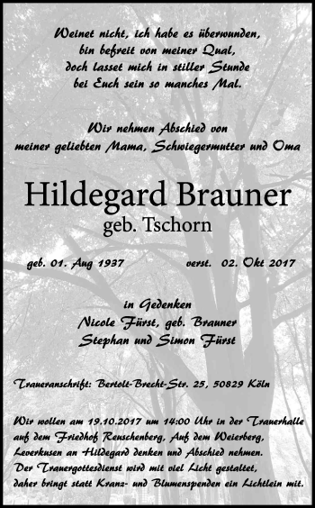 Anzeige von Hildegard Brauner von Kölner Stadt-Anzeiger / Kölnische Rundschau / Express