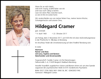 Anzeige von Hildegard Cramer von Kölner Stadt-Anzeiger / Kölnische Rundschau / Express