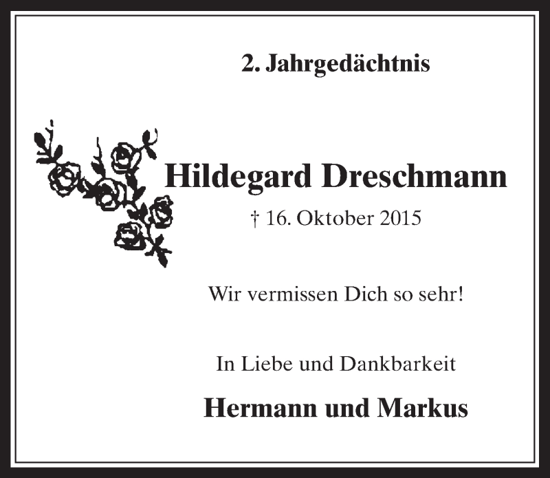  Traueranzeige für Hildegard Dreschmann vom 11.10.2017 aus  Werbepost 