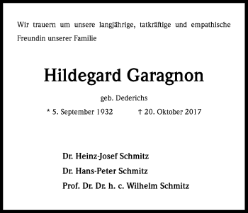 Anzeige von Hildegard Garagnon von Kölner Stadt-Anzeiger / Kölnische Rundschau / Express