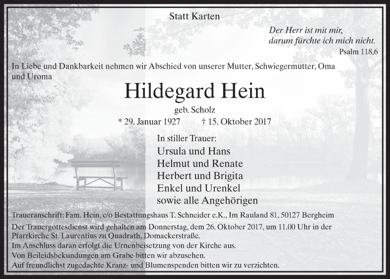  Traueranzeige für Hildegard Hein vom 21.10.2017 aus  Sonntags-Post 