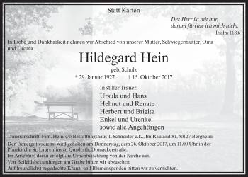 Anzeige von Hildegard Hein von  Sonntags-Post 