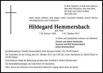Anzeige von Hildegard Hemmersbach von Kölner Stadt-Anzeiger / Kölnische Rundschau / Express