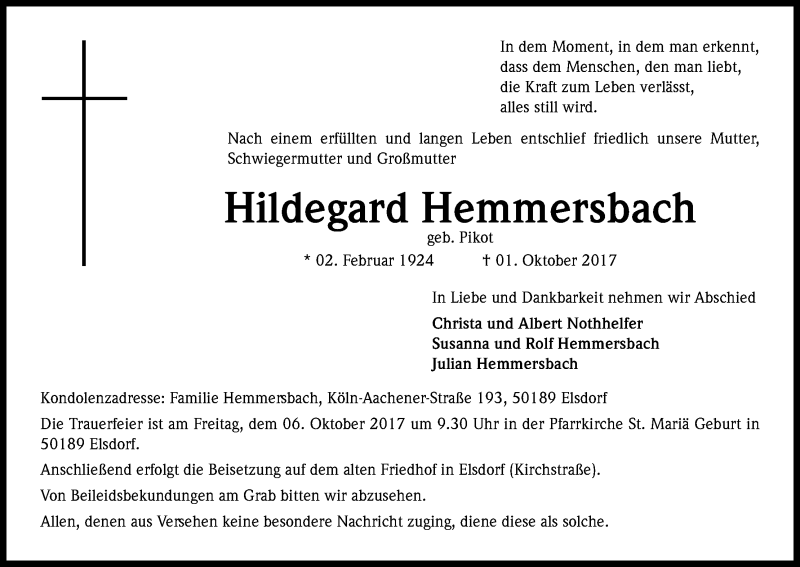  Traueranzeige für Hildegard Hemmersbach vom 03.10.2017 aus Kölner Stadt-Anzeiger / Kölnische Rundschau / Express