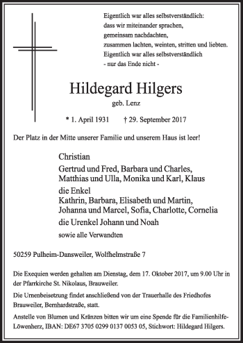 Anzeige von Hildegard Hilgers von  Sonntags-Post 