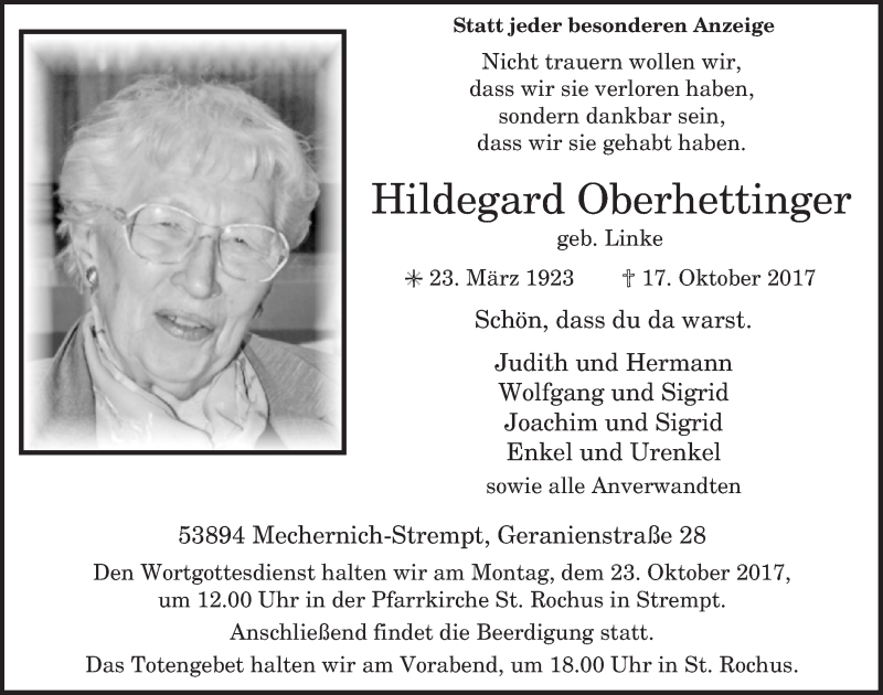  Traueranzeige für Hildegard Oberhettinger vom 21.10.2017 aus  Blickpunkt Euskirchen 