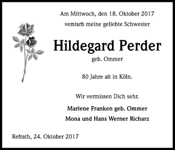 Anzeige von Hildegard Perder von Kölner Stadt-Anzeiger / Kölnische Rundschau / Express