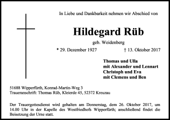 Anzeige von Hildegard Rüb von Kölner Stadt-Anzeiger / Kölnische Rundschau / Express