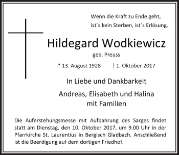 Anzeige von Hildegard Wodkiewicz von  Bergisches Sonntagsblatt 