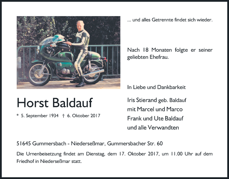  Traueranzeige für Horst Baldauf vom 11.10.2017 aus Kölner Stadt-Anzeiger / Kölnische Rundschau / Express