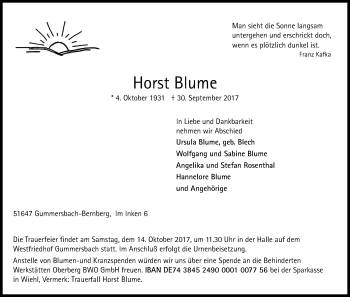 Anzeige von Horst Blume von Kölner Stadt-Anzeiger / Kölnische Rundschau / Express