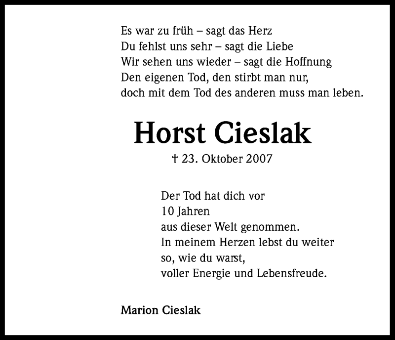  Traueranzeige für Horst Cieslak vom 23.10.2017 aus Kölner Stadt-Anzeiger / Kölnische Rundschau / Express