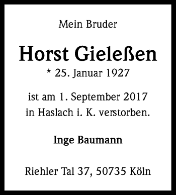 Anzeige von Horst Gieleßen von Kölner Stadt-Anzeiger / Kölnische Rundschau / Express